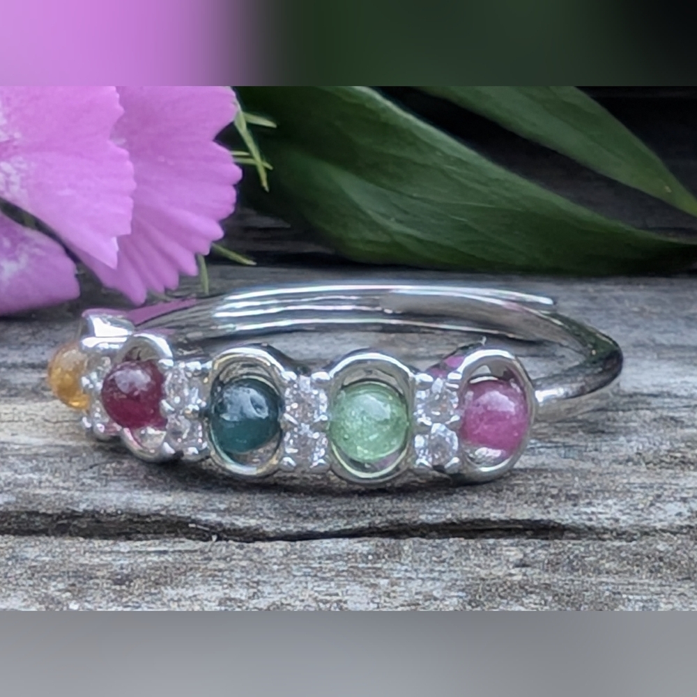 Silver Tone Multi-Stone Ring Adjustable Size 8-10